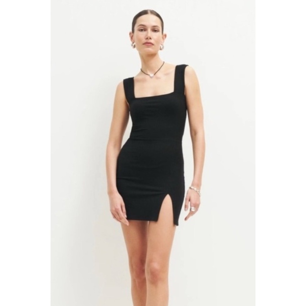 Reformation Mini Bodycon Laurena Dress Sz S Black Ribbed Square Neck Minimalist